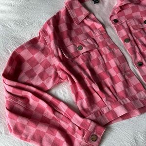 Pink checkered Shein denim jacket. Light weight perfect for fall!!